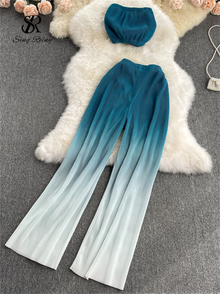 SINGREINY Women Summer Fashion Korean Set Sexy Off Shoulder Strapless Short Tops+High Waist Gradient Long Pants Two Piece Suits 220315