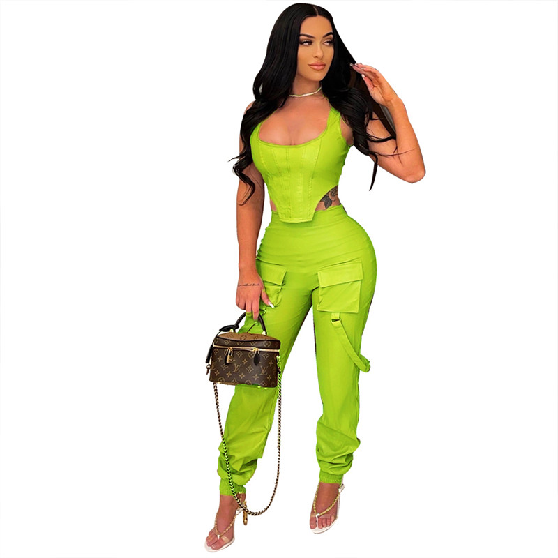 Wholesale High Stretchy Women Tracksuits PU Two 2 Piece Set Beautiful Sleeveless Tank Top Vest Sweatpants Matching Set Fashion Leather Outfits Summer 