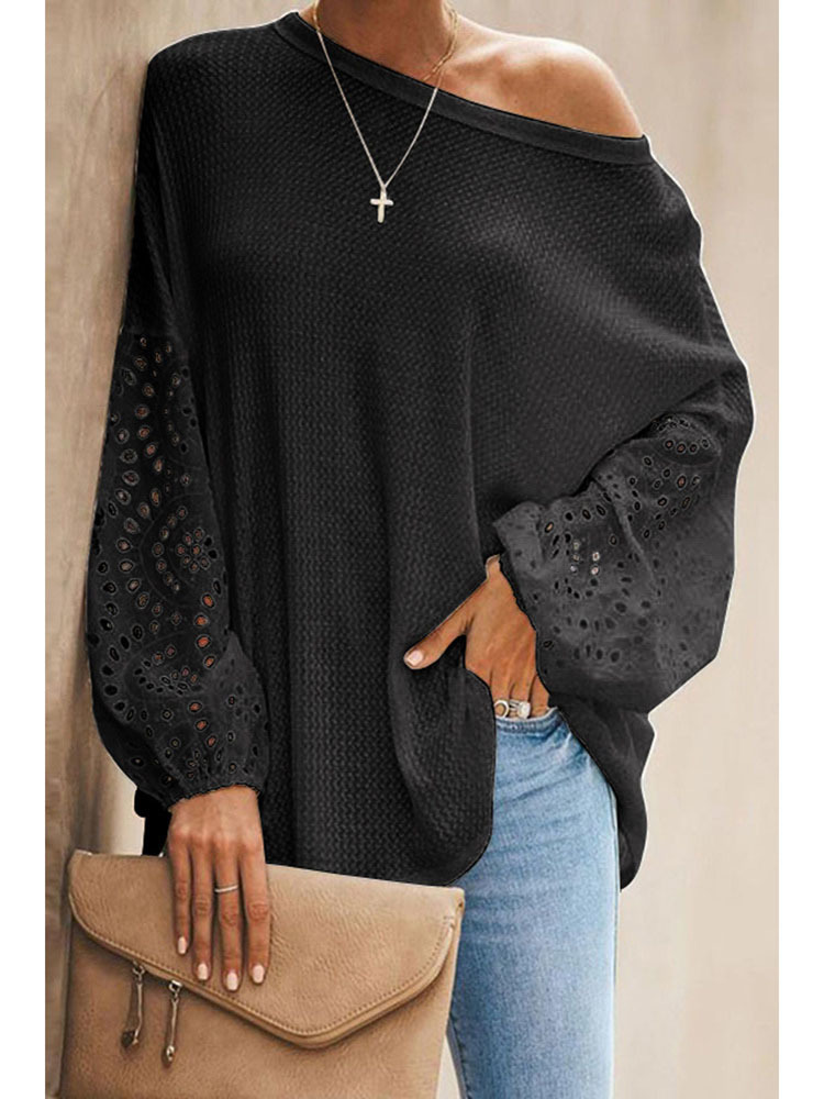 Elegant Lace Long Sleeve Shirt Women Vintage Hollow Out O-Neck Solid Tops Autumn Female Casual Top T-Shirt 220328