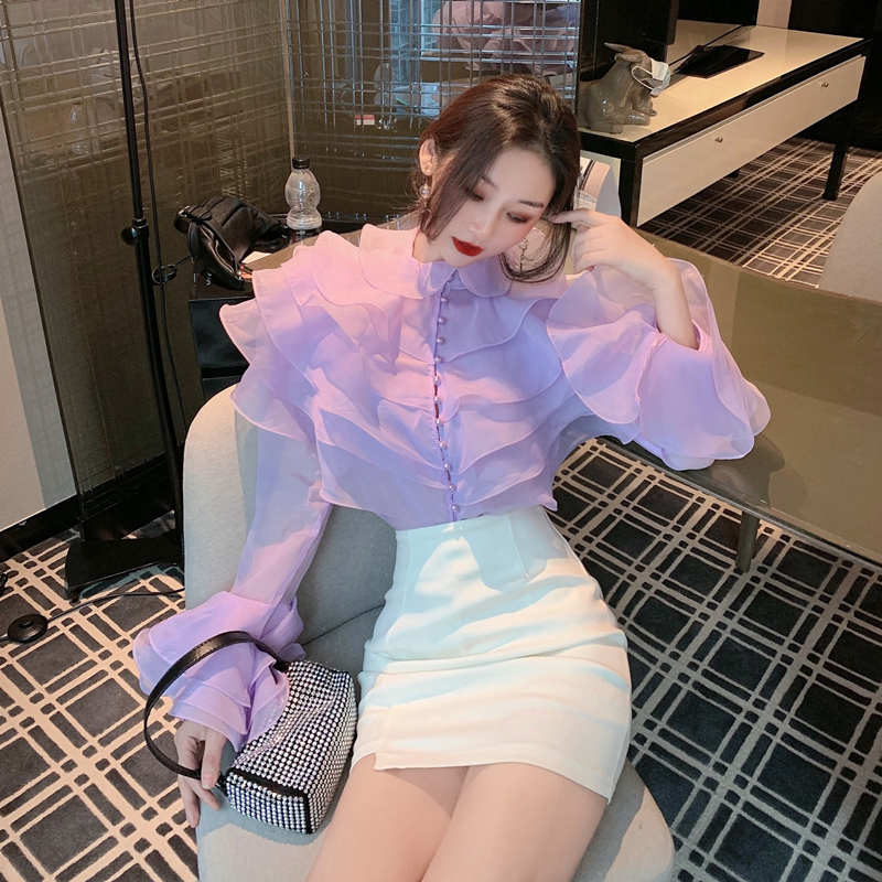 France Autumn Women's Layer Ruffles Solid Top Fashion Female Flare Sleeve Patchwork Elegant Perspective Chic Blouses Shirts 220516