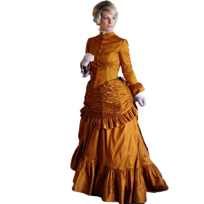 Vintage Victorian Bustle Evening Dresses Long Sleeves Floor Length Taffeta High Collar Women Formal Prom Party Gowns Pleats Gothic Masquerade Dress