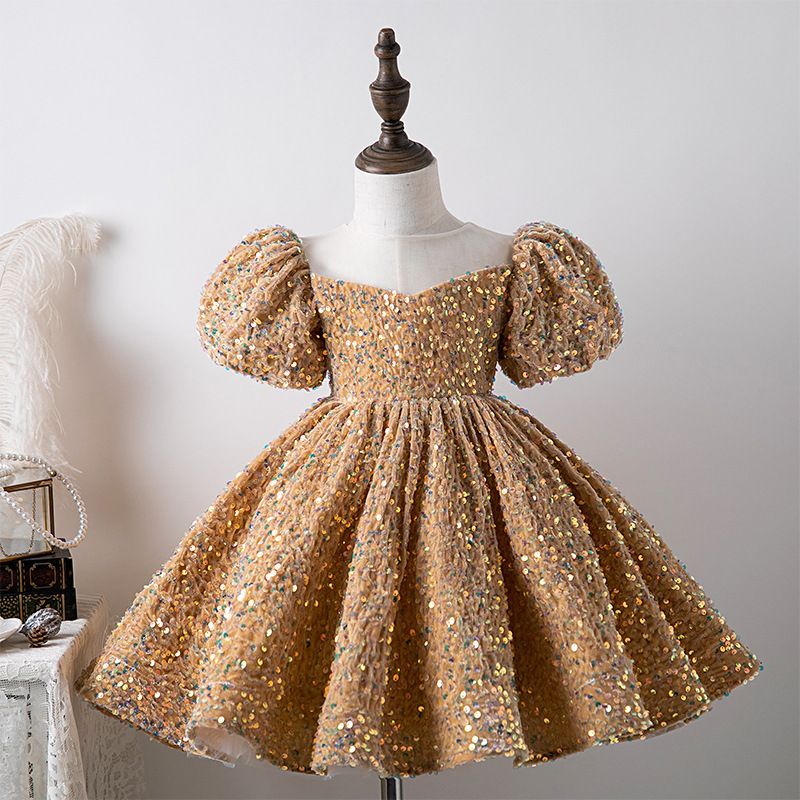 Gold Girls Pageant Dresses Ball Gown Long Sequined Toddler Flower Girl Dress Floor Length 3D Appliques First Holy Communion Gowns 403