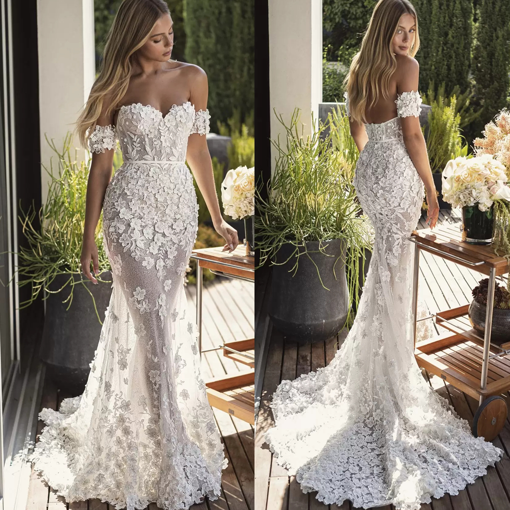 Luxury 3D Floral Appliques Mermaid Wedding Dress 2022 Summer Long Boho Beach Bridal Gowns Off The Shoulder Pearls Beaded Flower Ivory White Bride Dres
