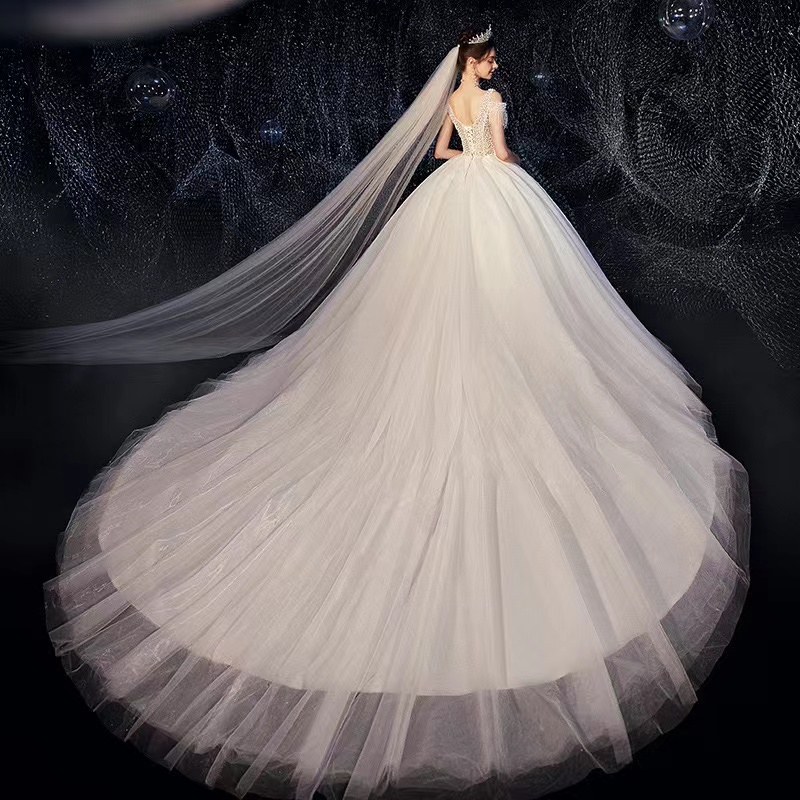 New V-Neck Wedding Dress 2022 Bride Gown One Shulder Large Trailing Mori Super Fairy Simple Starry Sky French Main Bridal Gowns