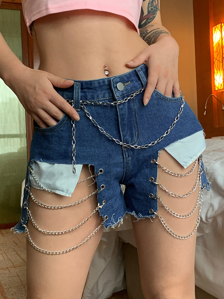 Rapwriter Vintage Chain Tassel Women Shorts y2k Pocket Patched Denim Casual Fashion Mom Jeans High Street Ripped 220602