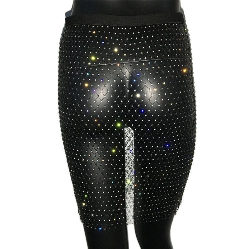 Shiny Sexy Sequin Fishnet Mini Skirt Festival Beach Elastic See Through Diamond Mesh High for Women 220322