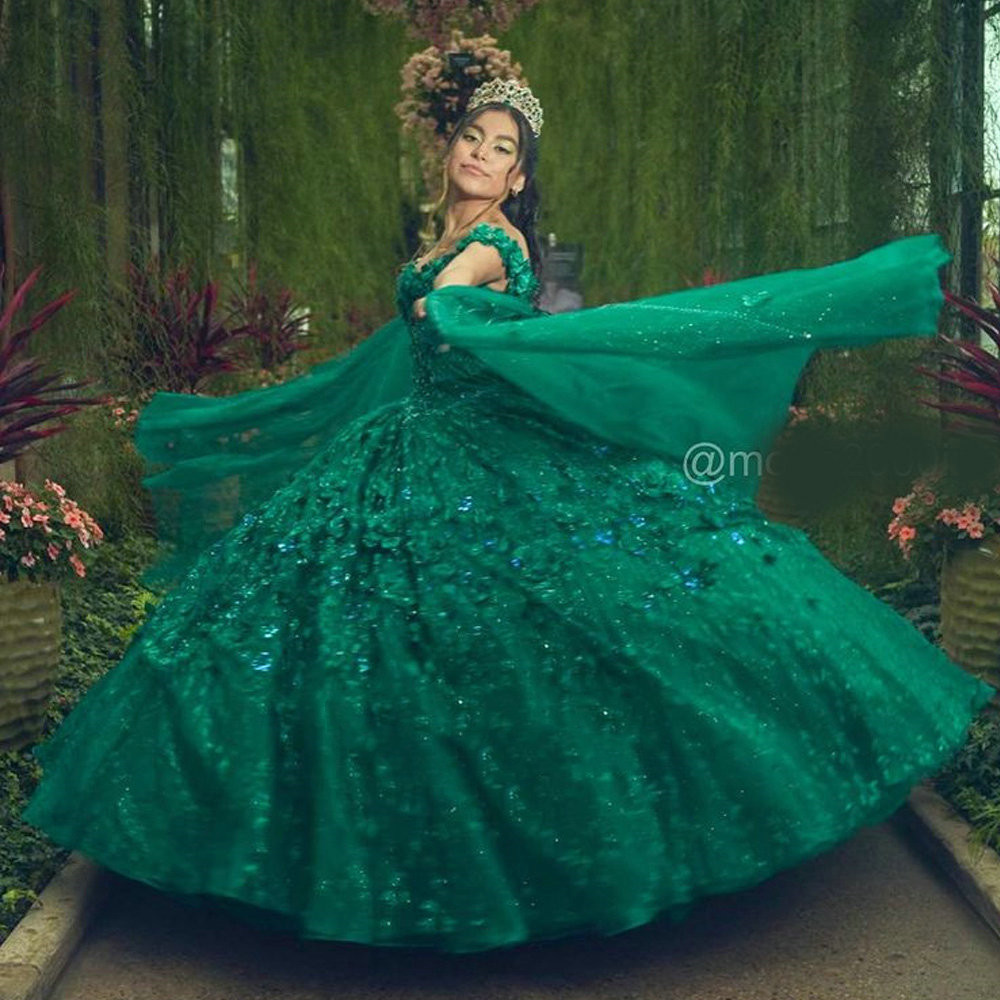 Emerald Green Off The Shoulder 3D Flowers Ball Gown Quinceanera Dresses With Cloak Crystal Lace Corset Sweet 15 Girls Party