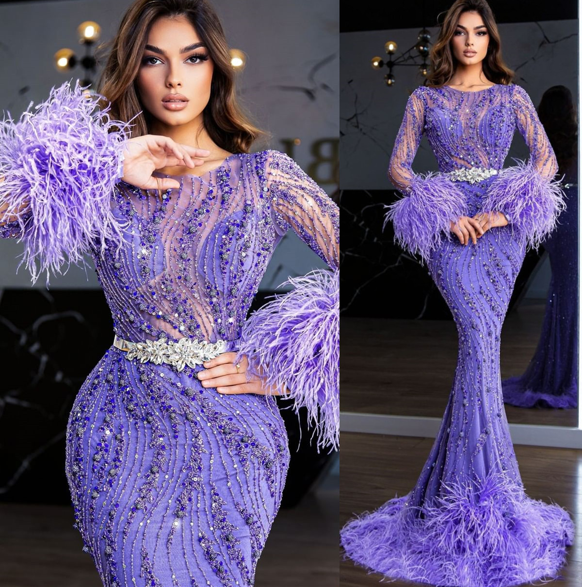 plus size arabic aso ebi luxurious mermaid lavender prom dresses sequined lace evening formal party second reception birthday engagement gowns dress z