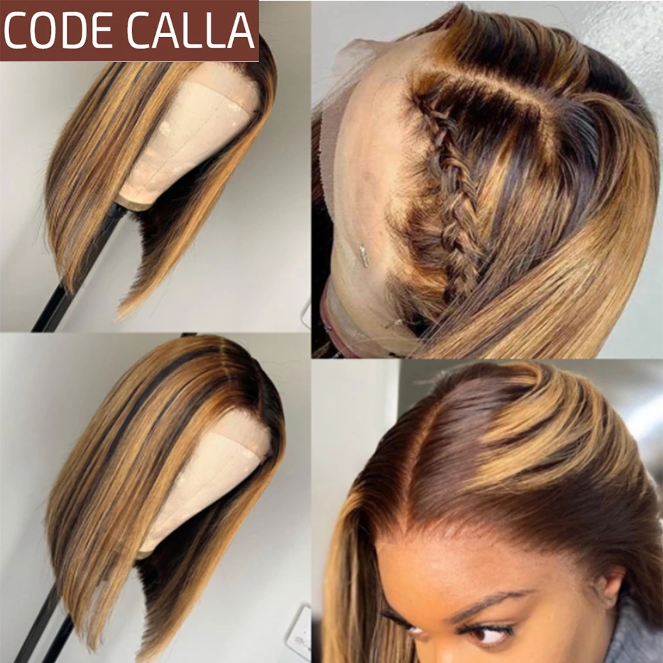 Highlight Short Bob Human Hair Wig Brazilian Straight Lace Frontal Wig For Women Ombre Brown Synthetic Closure Wigs