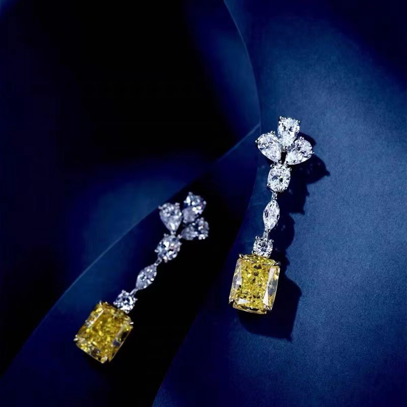 Sterg Sier Yellow Topaz CZ Dangle Earrings for Women, Long Chandelier Animal Pattern Earrings, Radiant Cut Gemstones 4 ,