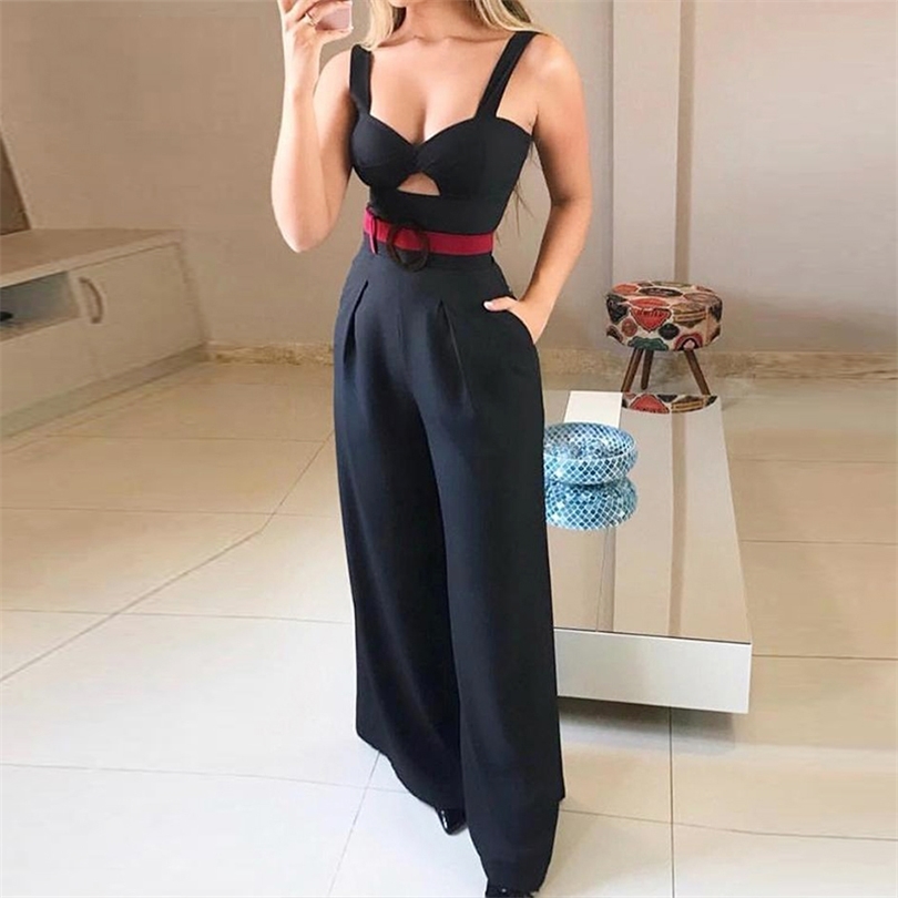 Twist Cutout Front Wide Leg Spaghetti Straps Sleeveless Jumpsuit Women Mid Waist Wide Leg Highstreet Summer Slim Jumpsuits T200107