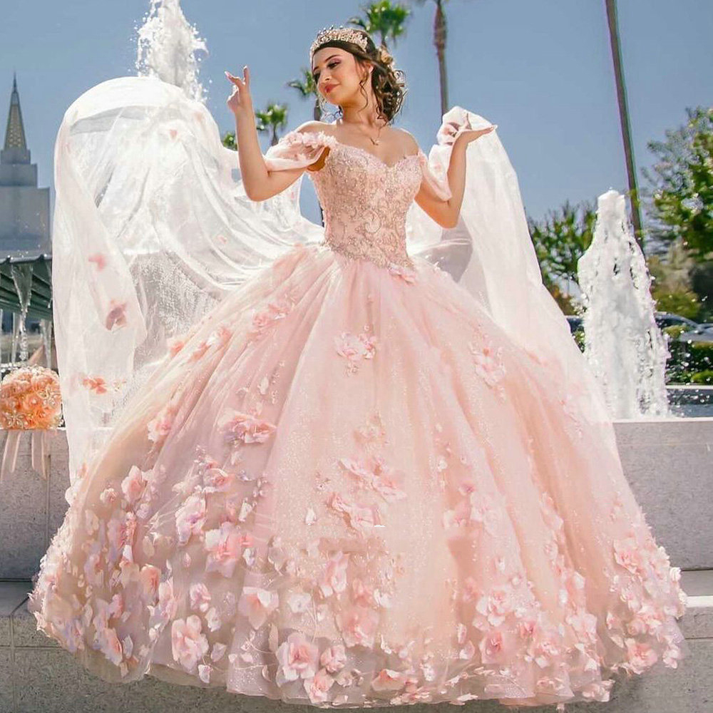 Princess Pink Flowers Quinceanera Dresses With Cap Off Shoulder Corset Ball Gown Long Tulle Prom Party Gowns Chic Floral Cinderella Sweet 16 Dress Ves