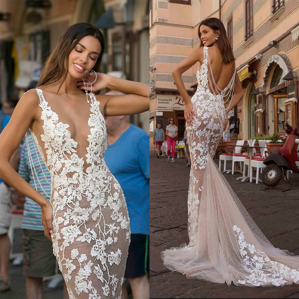 

Sexy Boho Applique Mermaid Wedding Dress Lace Deep V Neck Backless Tulle Charming Gown Court Train Bridal Dresses Robe De Mariee, White