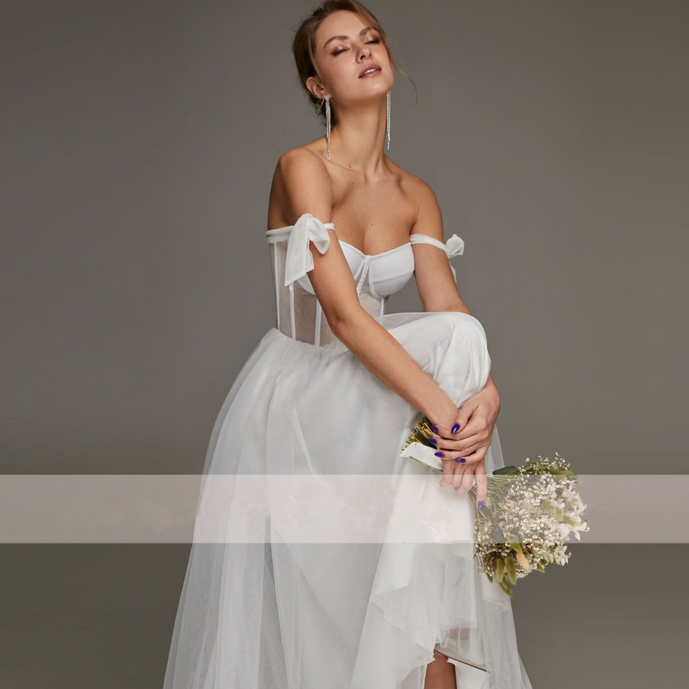 Bow Spaghetti Strap Sheath Wedding Dress Ankle Length A Line Backless Sleeveless Tulle Lace Plus Size Custom Made Simple And Stylish