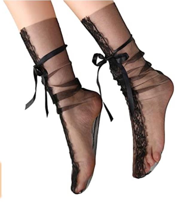 Women's See Through Mesh Loose Socks Lace Transparent Sheer Slouch Lace-up Sexy Socks Teen Girls Ankle Hosiery Black White