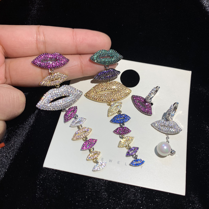 Asymmetry Lips Dangle Drop Earrings Bling Full Colorful Cubic Zirconia Jewelry Women Girl Gift