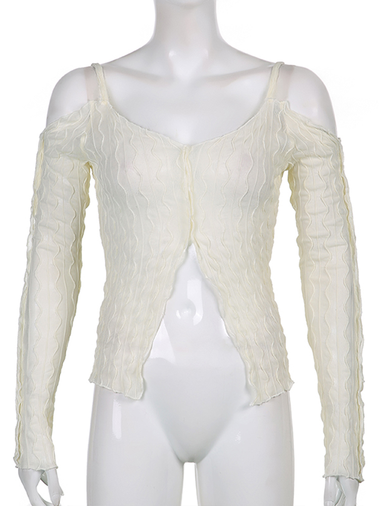Sweetown Off Shoulder Knit Mesh Y2K T Shirt Strap V Neck See Through Kawaii Fairycore Tops Ruffles Long Sleeve Autumn Tee 220714