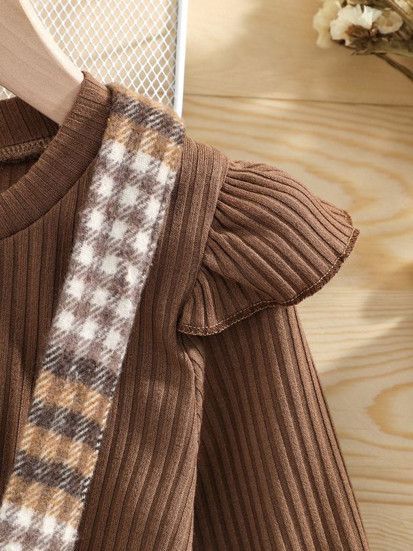 Toddler Girls Ruffle Trim Tee With Plaid Bow Front Pinafore Skirt SHE