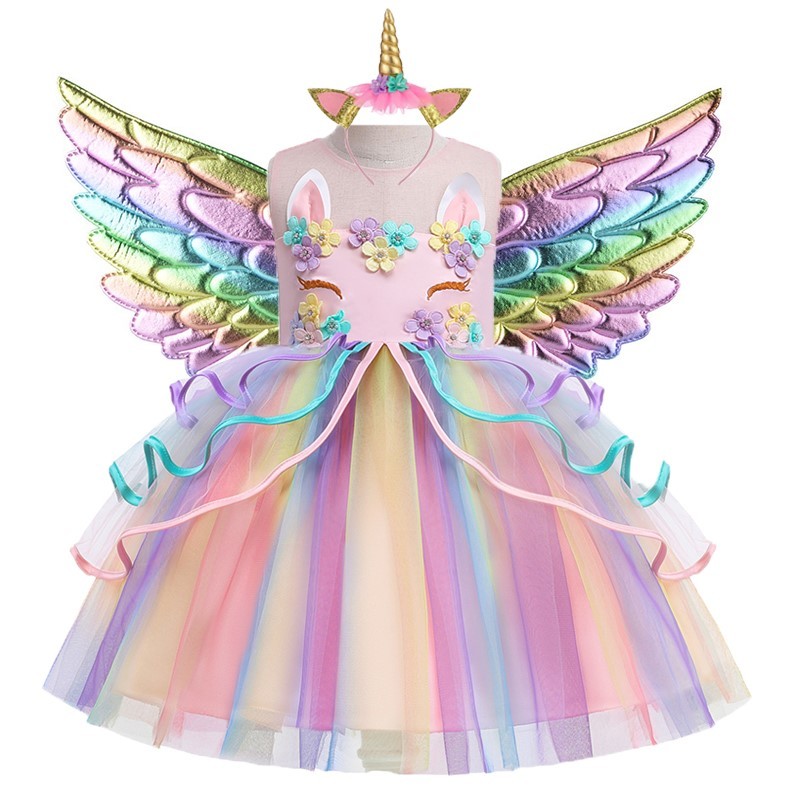 Flower Girls Unicorn Dress for Chindren Appliques Rainbow Kids Toddlers Princess Dresses Elegant Birthday Party Costumes 3-10Y