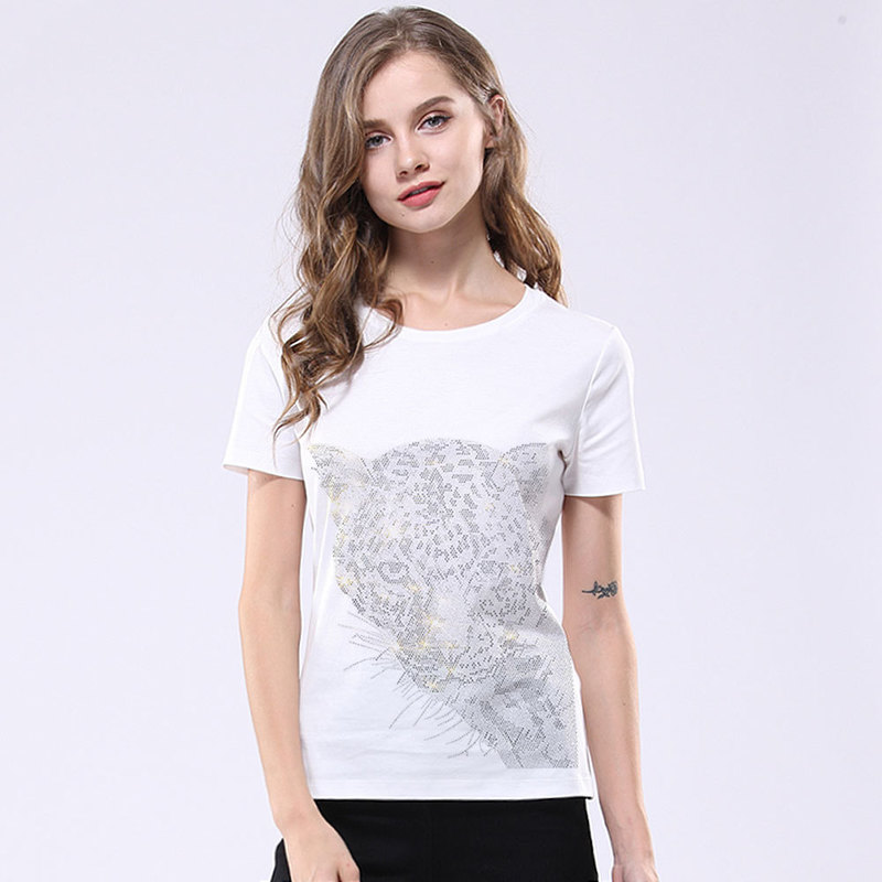 Boho Black Leopard Head Graphic Tee Cotton Short Sleeve O Neck Tshirt Fashion Diamond T-shirt Casual T shirts 220328