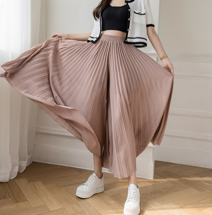Women Summer Autumn Pleated Loose Pants Fashion Female Chiffon Elastic Waist Skirt Black Blue Wide Leg Femme 220325