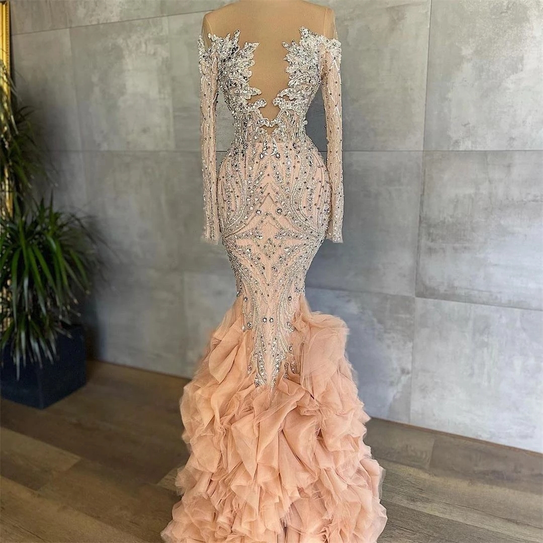 Vintage Crystals Layered Ruffles Prom Dresses Appliques Pleats Evening Dress Custom Made Sheer Neck Long Sleeves Women Formal Party Gown