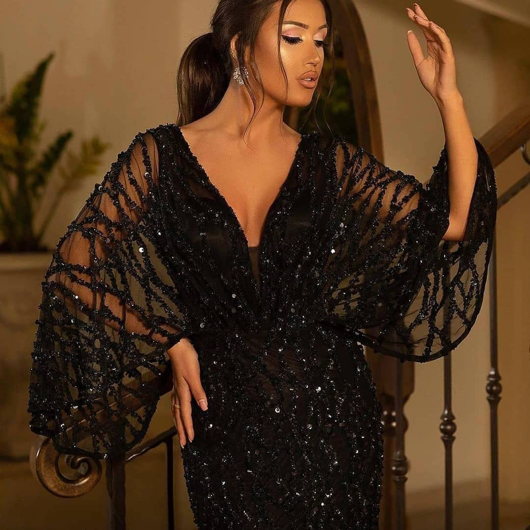 Elegant Black Mermaid Prom Dress Sexy Illusion V Neck Sequins Bling Long Sleeve Sweet 15 16 Quinceanera Evening Dresses Birthday Party Special Occasio