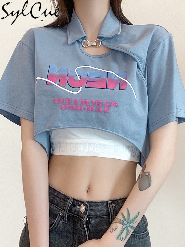 Sylcue Summer Sweet And Cool Girl Personality Chain Letter Print Irregular Short Sleeved T Shirt With Corset 2Two Set Women 220616, Blue
Sylcue Summer Sweet And Cool Girl Personality Chain Letter Print Irregular Short Sleeved T Shirt With Corset 2Two Set Women 220616, Blue