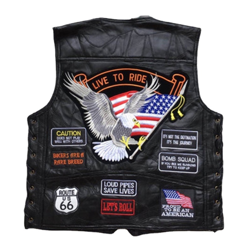 Four Seasons Sleeveless Jacket Leather Men Motorcycle Vest Embroidery Sheepskin Splicing Biker Waistcoat Male Classic Retro 220727