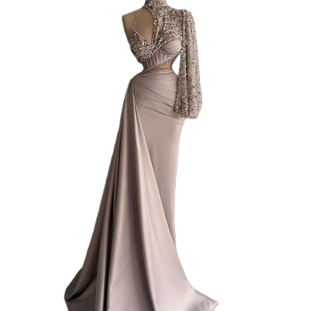 Bling Mermaid Prom Dresses 2022 High Neck Long Sleeve Crystals Sexy Backless See Through Evening Gown Party Wear
