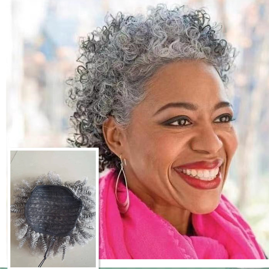Short Ombre Grey Afro Puff Drawstring Ponytail salt and pepper two tone mixed human hair pony tail bun chignon for black women 100g 120g