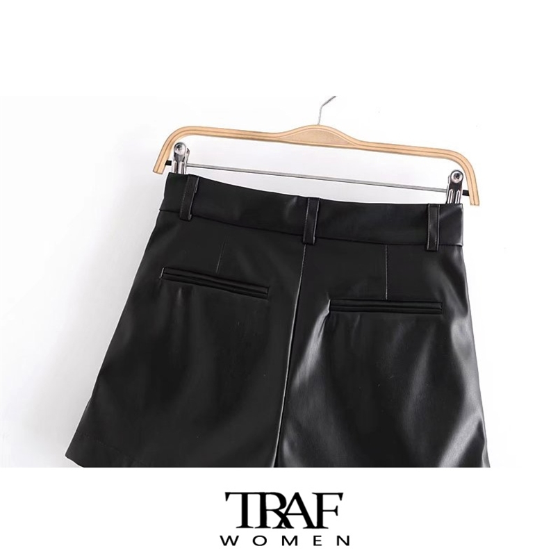TRAF Women Chic Fashion Side Pockets Faux Leather Shorts Vintage High Waist Zipper Fly Female Short Pants Mujer 220630