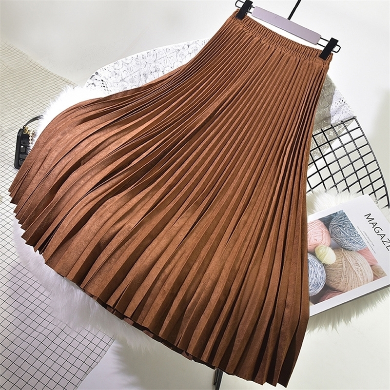 Autumn Winter Women suede skirt High Waist casual Vintage Pleated skirt female Korean Skirt female elegant long Skirts 210306