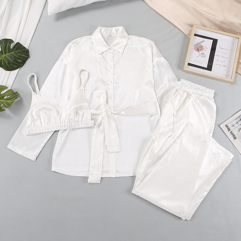 Hiloc Solid Sleepwear Turn Down Collar Women Pajama Nightwear Lace Up Pajamas Set Woman 3 Pieces Satin Nightie 3 Piece 220329