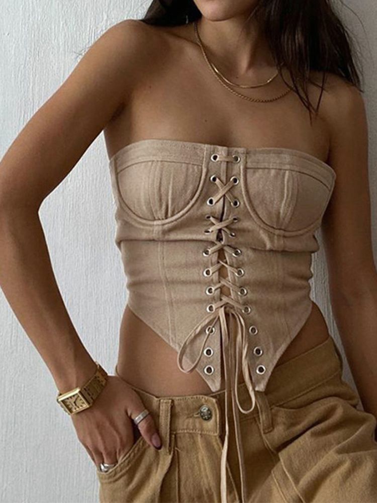 Willshela Women Fashion Solid Lace Up Bandage Cropped Tops Vintage Strapless Slim Fitting Sexy Female Chic Lady Top 220316