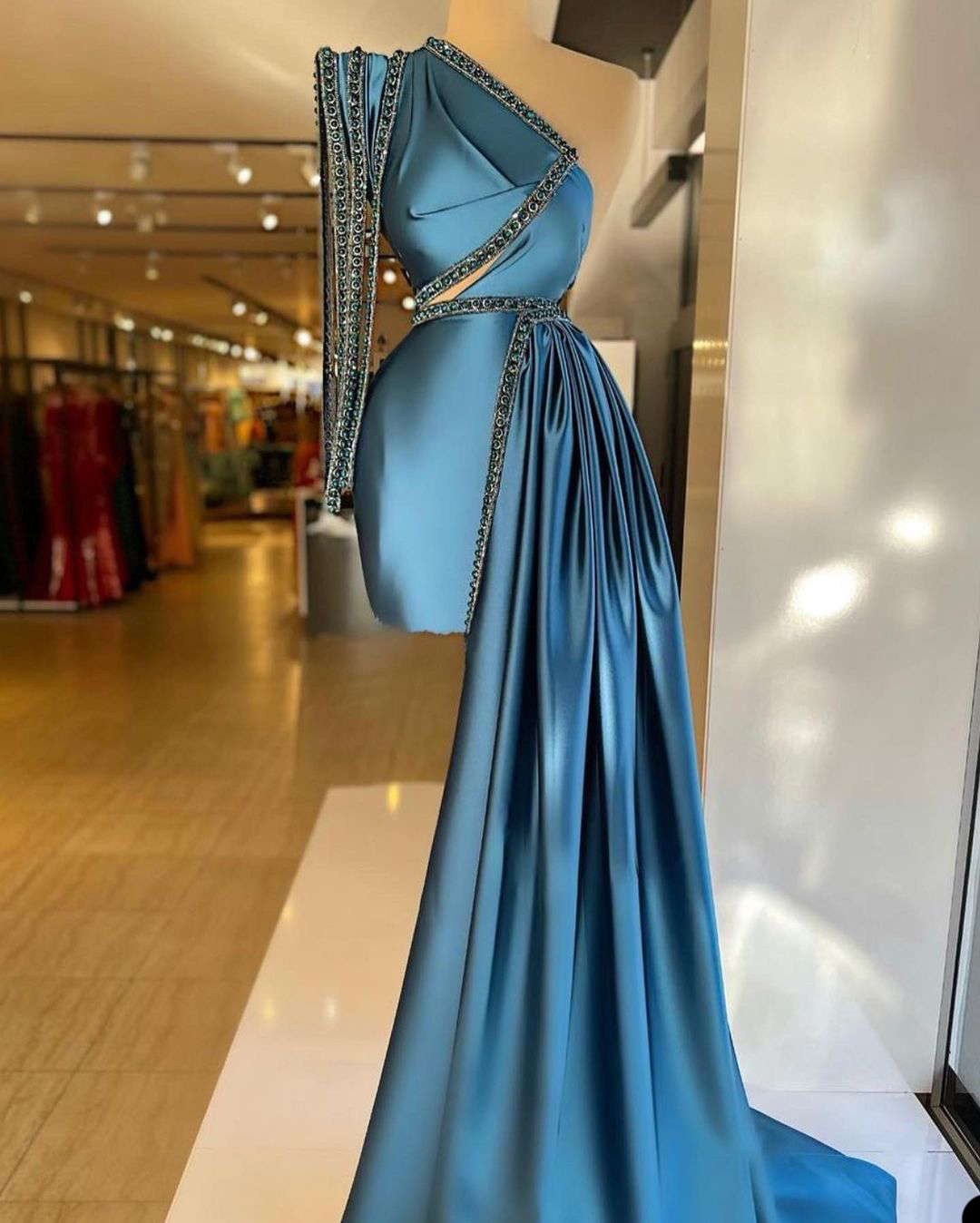 Saudi Arabia Prom Dress Ruched Satin Mermaid Ruffles One Shoulder Long Sleeve Dress For Dubai Women robe de soiree