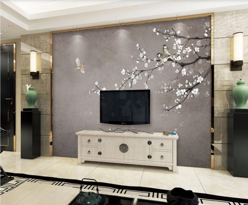 Wall covering custom wallpaper mural new Chinese style hand-painted plum TV sofa bedroom background wall