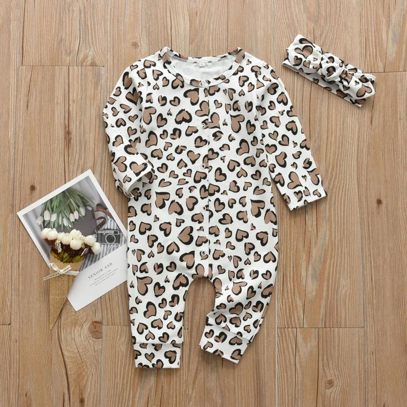 2Pcs born Baby Girls Clothes Set Cotton Hearts Print Infant Long Sleeve Jumpsuit+Headband Toddler Girls Clothing 220322