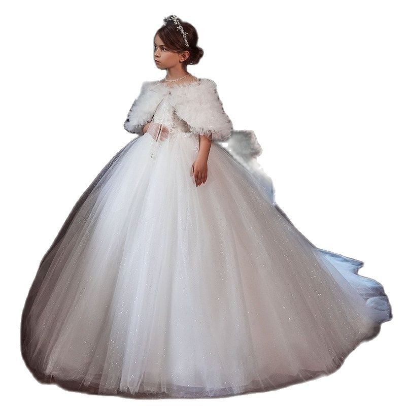 White Cute Flower Girls' Dresses Lace Tulle Ruffles Appliques Sequins Beads Cap Sleeves Bateau Neck With Shawl Floor Length Button Custom Made Ta