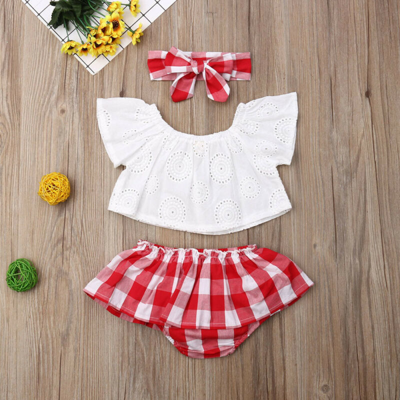 Lioraitiin 3Pcs Set 024M born Baby Girl Clothes Cute Summer Off Shoulder Lace Tops Red Plaid Short Dress Headband Outfit 220607