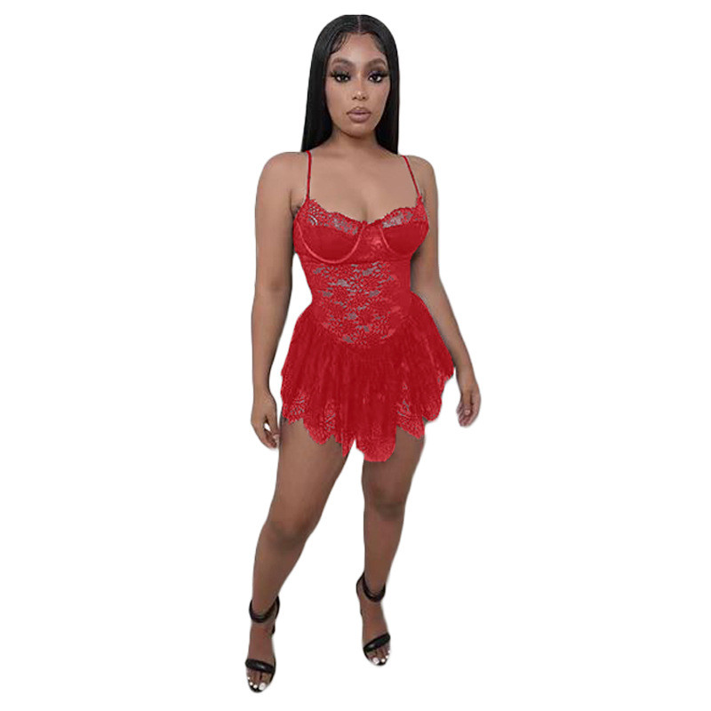 New Wholesale Sexy Spaghetti Strap Dresses Summer Women Lace Sheer Dress Bodycon See Through Mini Skirt Sexy Party Night Club Wear 7220
