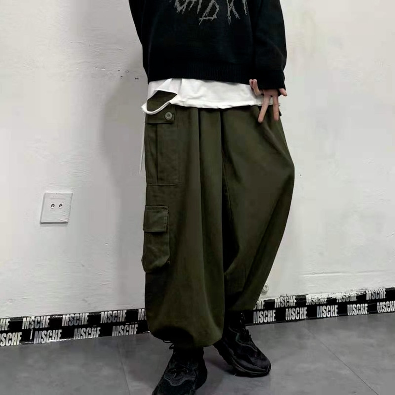 QWEEK Punk Baggy Black Cargo Pant Korean Streetwear Autumn Vintage Oversized Green Joggers Wide Leg Trousers For Female 220325