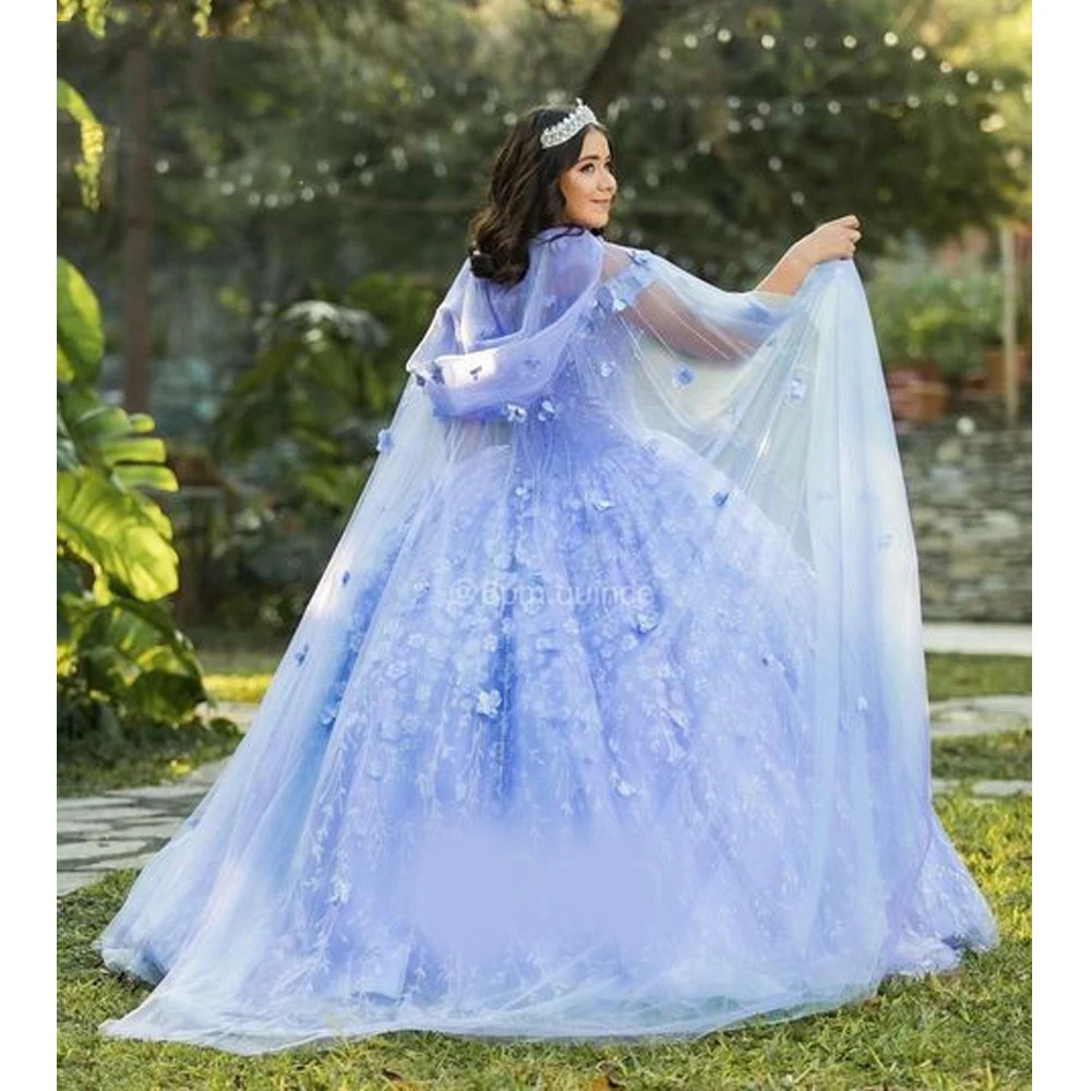 Lanvender Quinceanera Dresses with cape clock 3D floral Ruffles Sweetheart Lace-up Back Sweet 15 Princess Dress vestidos de quinceanera