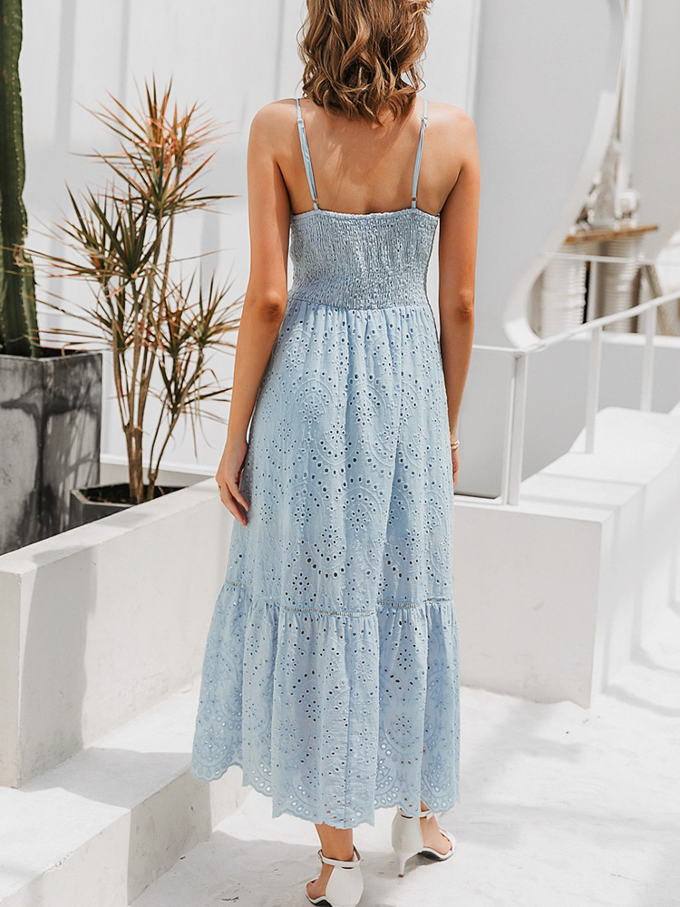 BerryGo White pearls sexy women summer dress Hollow out embroidery maxi cotton dresses Evening party long ladies vestidos 220426