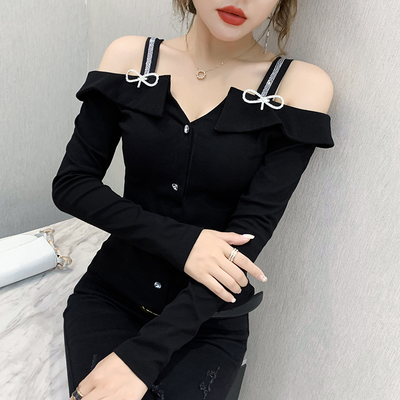 Spring Long Sleeve Women T-shirt Fashion Sexy Off The Shoulder Tshirts Tops Elegant slim Diamond Mujer Camisetas 220328