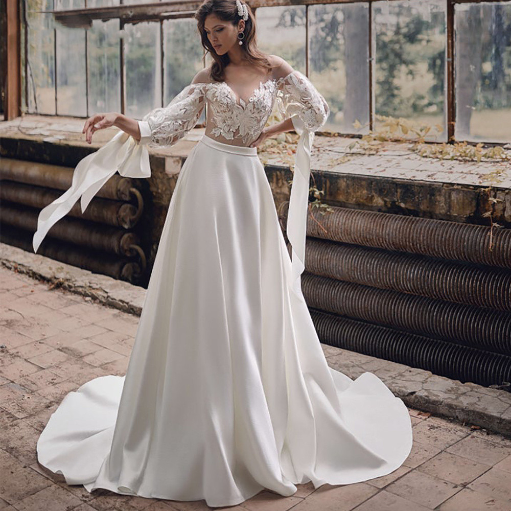 Elegant A-e Dresses Deep V Neck Long Sleeve Off Shoulder Chiffon Satin High Waist Appliques or Length Boho Bridal Dress Bohemian Wedding Gowns