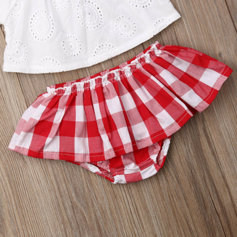 Lioraitiin 3Pcs Set 024M born Baby Girl Clothes Cute Summer Off Shoulder Lace Tops Red Plaid Short Dress Headband Outfit 220607