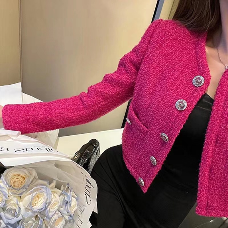 B129 2022SS Elegant Women Wear occasions Vintage New Women High Quality Shoulder Pads tweed Cropped jacket Female Chic Casual Coat