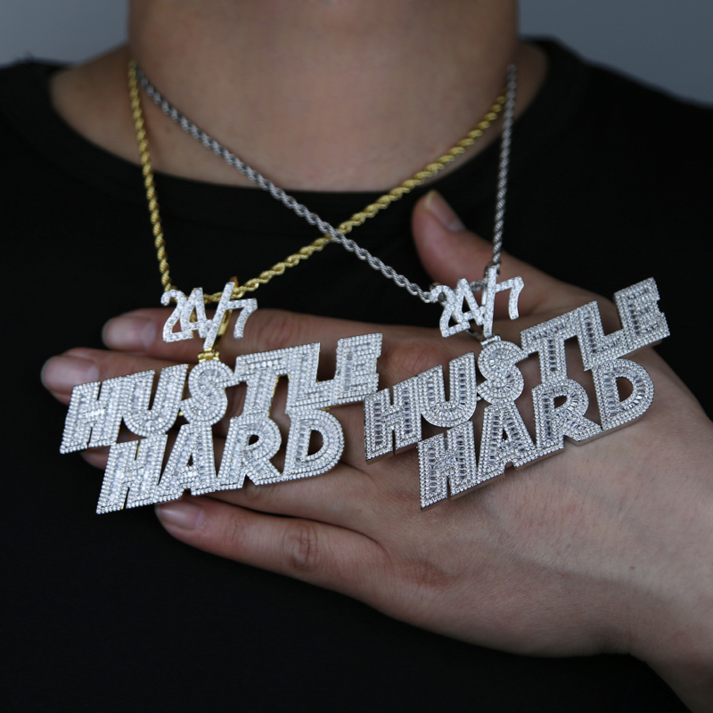 New Iced Out 5A Cubic Zirconia Cz Hustle Hard Letter pendent Necklace with Rope Chain men fashion Hiphop Rock Jewelry