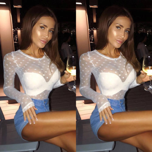 Fashion Women See through Sheer Mesh Shirts Polka Dot Long Sleeve T Shirt Tops Clubwear 220516